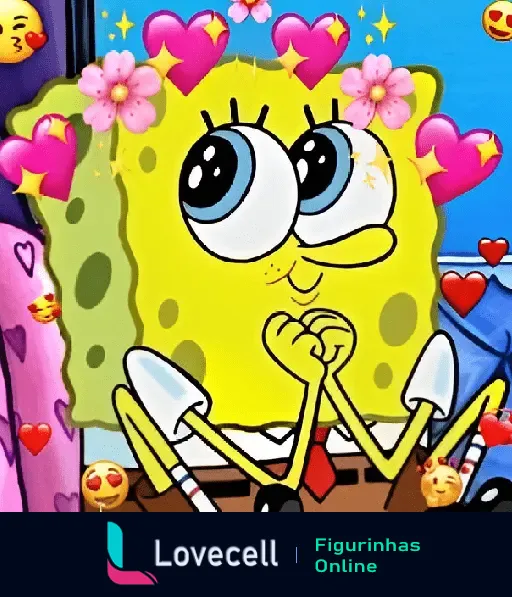 Imagem do Bob Esponja com olhos brilhantes e corações e flores ao redor, expressando um sentimento intenso de amor e afeição.