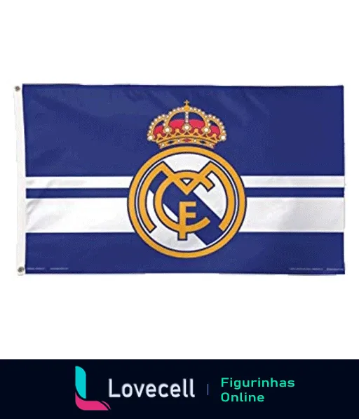 Bandeira do Real Madrid com logo central coroa real e letras 'CF' em listras horizontais brancas sobre fundo azul