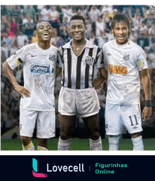 Três jogadores de futebol comemorando, dois do Santos e um do Atlético Mineiro, sorrindo e demonstrando espírito esportivo e camaradagem no campo