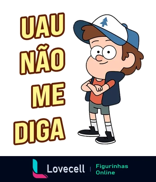 Figurinha do Dipper Pines de Gravity Falls com expressão irônica e surpresa, usando chapéu azul com pinheiro, casaco vermelho e shorts brancos