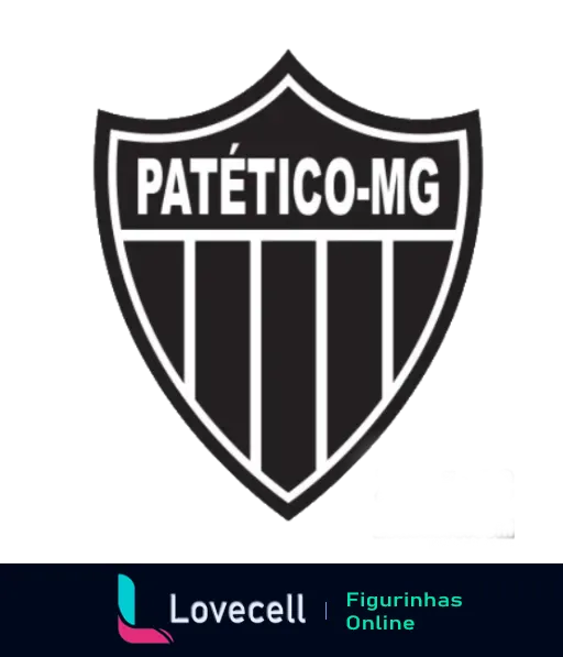 Figurinha do Patético-MG com escudo em preto e branco estilizado, listras verticais e formato tradicional, parodiando um clube de futebol mineiro