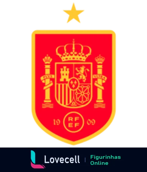 Escudo da Real Federação Espanhola de Futebol com coroa real, leão, castelo em vermelho e dourado, data de 1909 e estrela de vitória