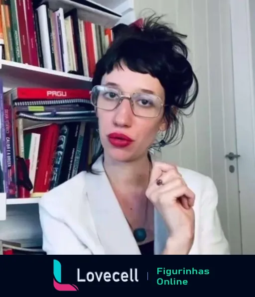 Tina pensativa com óculos de armação grande e batom vermelho, cabelo preto desarrumado, usando blazer branco, em frente a uma estante de livros