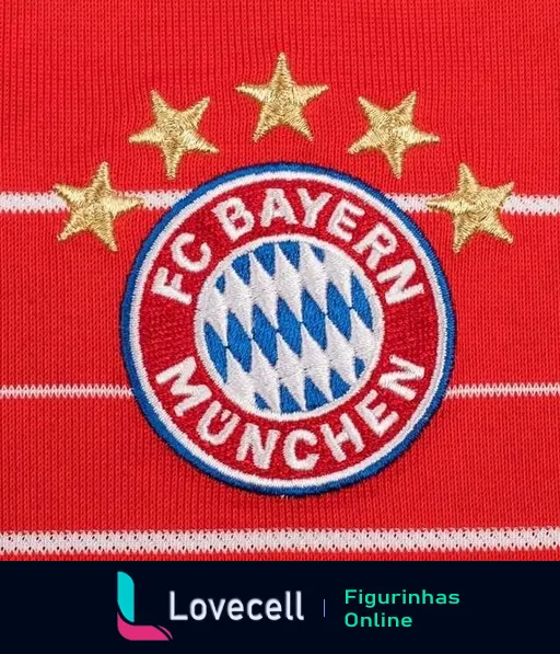 Escudo do FC Bayern München com padrão da Baviera em azul e branco, nome do clube e quatro estrelas douradas