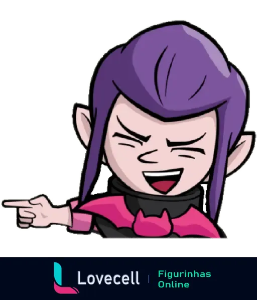 Personagem com cabelo roxo de Brawl Stars rindo e apontando para o lado direito, expressão de deboche ou zombaria.