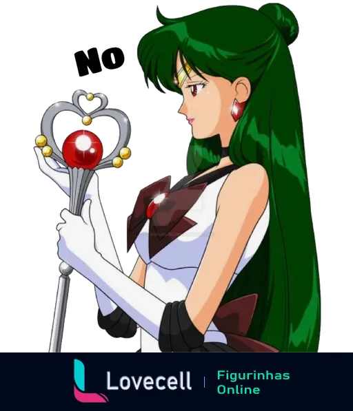 Figura da Sailor Pluto, da série Sailor Moon, segurando um cetro mágico com uma esfera vermelha e decorado com símbolos. Texto 'NO' no fundo.