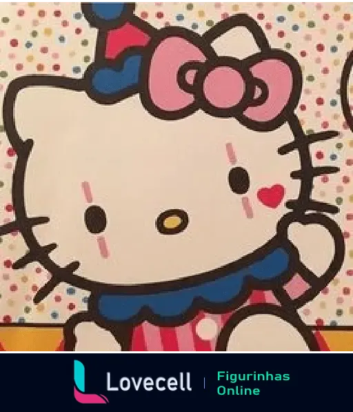 Hello Kitty, personagem icônica, usando uma roupa de palhaço rosa e azul com um laço cor de rosa em 'KUROMI E HELLO KITTY'.