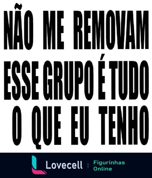 Figurinha com o texto em letras grandes e negritas: 'NÃO ME REMOVAM ESSE GRUPO É TUDO O QUE EU TENHO'.