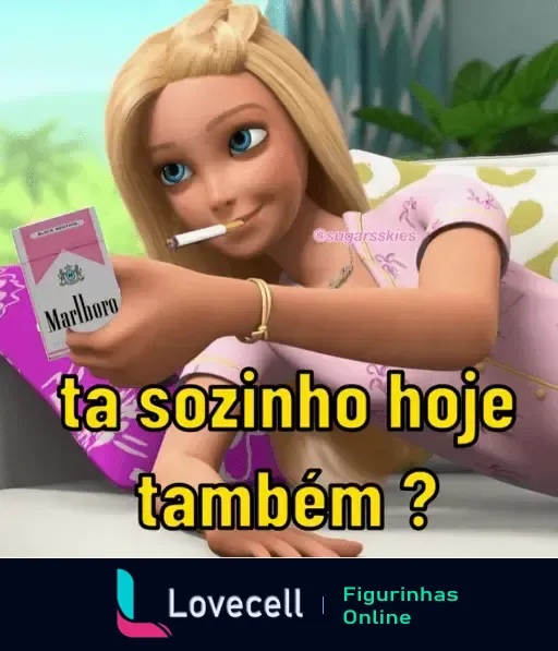 Animação de personagem loira com cigarro perguntando 'tá sozinho hoje também?' em um contexto de Dia dos Namorados.