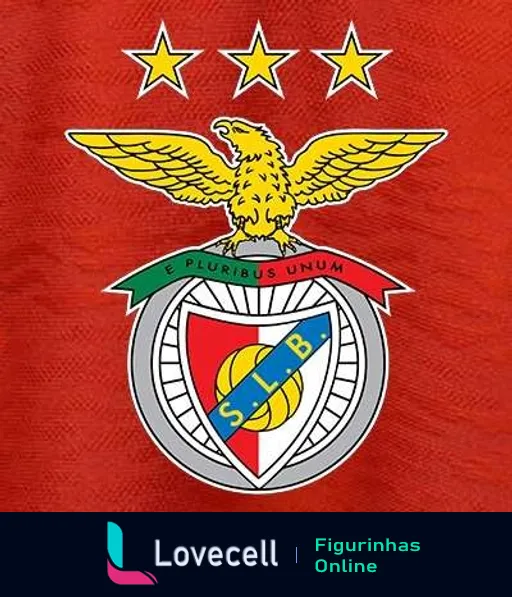 Emblema do Sport Lisboa e Benfica com águia dourada sobre escudo vermelho e branco, roda de bicicleta, iniciais 'SLB', três estrelas douradas e lema 'E Pluribus Unum'