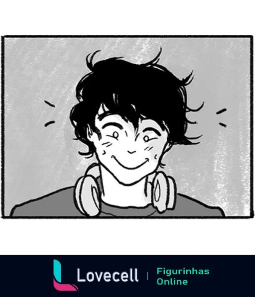 Personagem da série Heartstopper sorrindo com fones de ouvido no pescoço, cabelo bagunçado e expressão alegre.