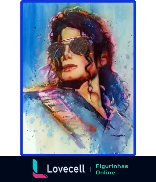 Pintura artística de Michael Jackson usando óculos escuros. Cores vibrantes com detalhes em azul, rosa e laranja. Fundo azul suave.