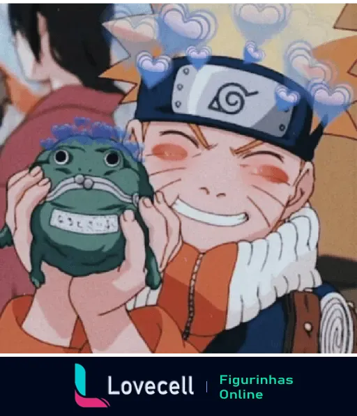 Personagem Naruto sorrindo segurando um sapo verde com detalhes em roxo, cercado por corações flutuantes. Cena de anime popular.