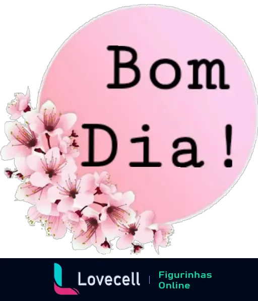 Figurinha 'Bom Dia!' em fundo rosa pastel com texto centralizado e arranjo de flores rosas ao lado direito