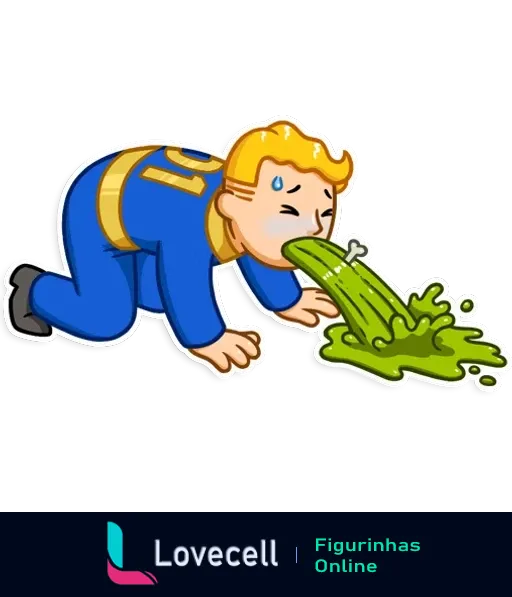 Figurinha do Fallout Vault Boy de joelhos e vomitando um líquido verde, parecendo estar com muito mal-estar e suor na testa.