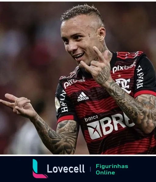 Jogador do Flamengo com cabelos loiros e tatuagens comemorando gol com gesto de hang loose, vestindo uniforme com patrocínio da PixBet