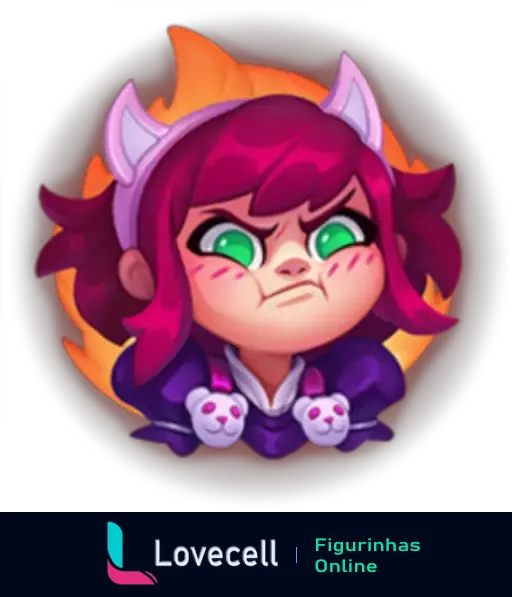 Emote de personagem do League of Legends com cabelo roxo e expressão zangada, rodeada por uma aura de fogo. Ideal para expressar frustração.