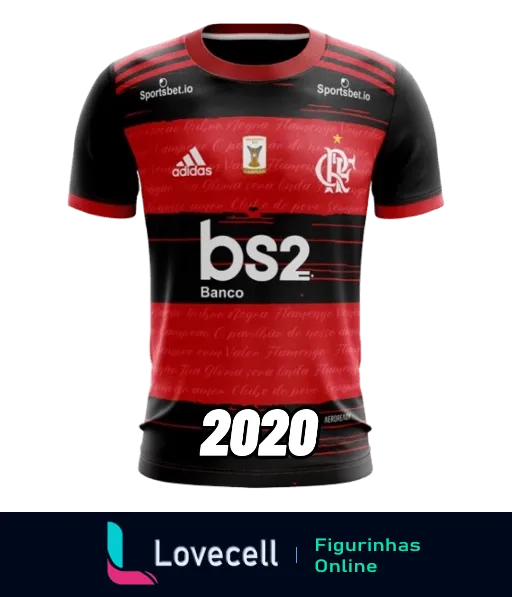 Figurinha da camisa do Flamengo 2020 com listras rubro-negras, logos da BS2, Sportsbet.io e Adidas, e escudo do clube