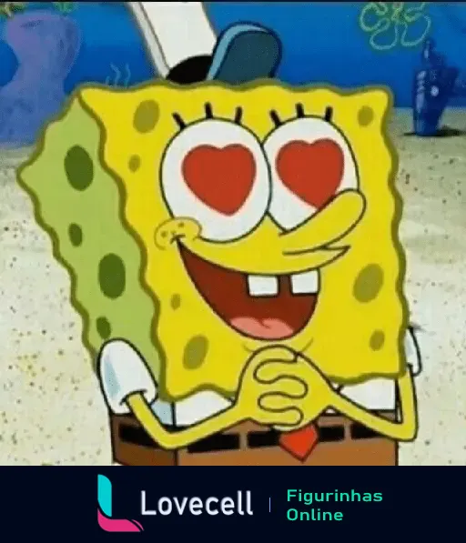 Imagem do Bob Esponja Mood com olhos em formato de coração, demonstrando estar apaixonado, com um sorriso grande e as mãos juntas em animação clássica.