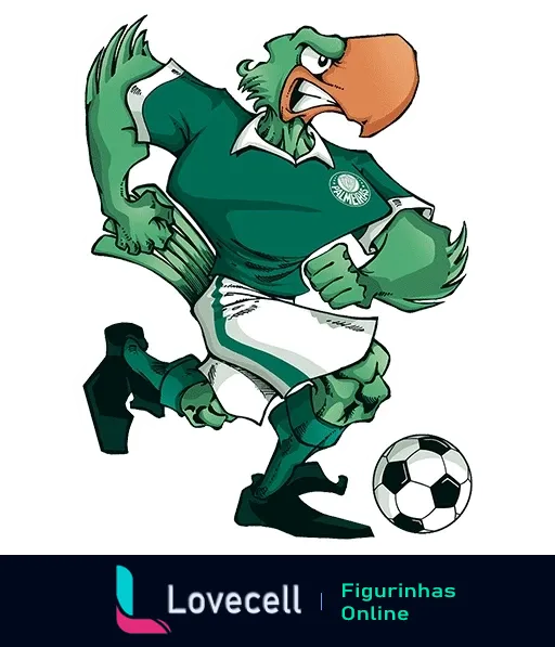 Mascote do Palmeiras, um periquito vestido com a camisa do time, chutando uma bola de futebol em pose de ação com expressão agressiva