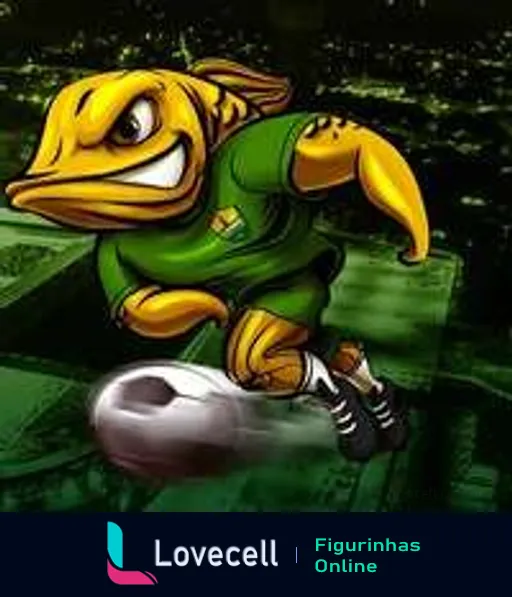 Mascote do Cuiabá, peixe dourado antropomórfico com uniforme verde, chutando bola de futebol em campo com céu noturno