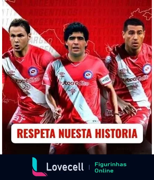 Figurinha do WhatsApp com três jogadores do Argentinos Juniors em campo, vestindo uniformes vermelhos, sobre fundo com mapa da Argentina e texto 'RESPETA NUESTRA HISTORIA'