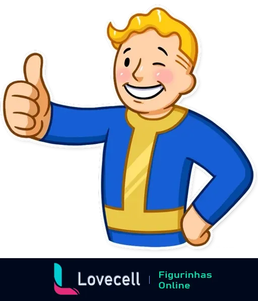 Figura do Fallout Vault Boy sorrindo e mostrando sinal de positivo com a mão, expressão de aprovação e confiança.