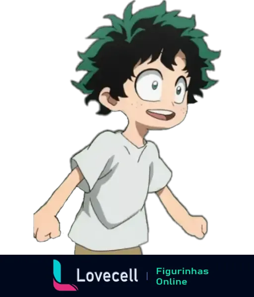 Um jovem personagem de Boku No Hero Academia, expressando alegria e entusiasmo, com o cabelo despenteado e vestindo uma camiseta branca.