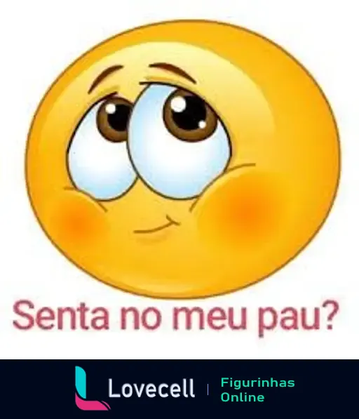 Emoji sorridente amarelo com grandes olhos expressivos e bochechas rosadas, acompanhado do texto 'Senta no meu pau?' em letras vermelhas.