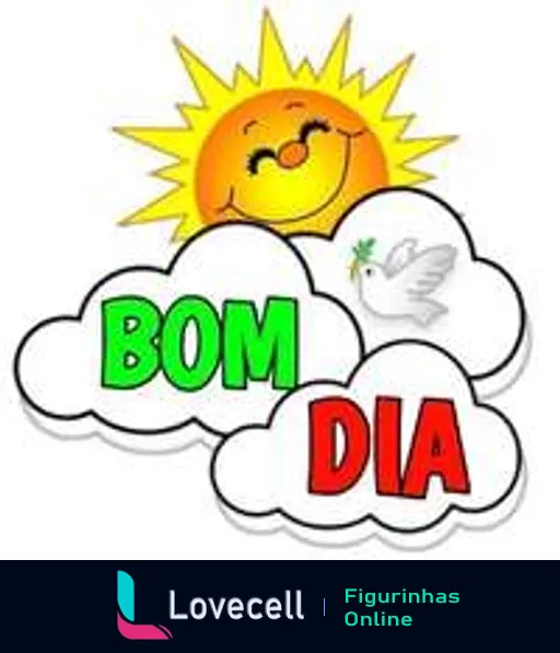 Figurinha de Bom Dia com sol sorridente, nuvens brancas e pomba voando, letras grandes verdes com a frase BOM DIA