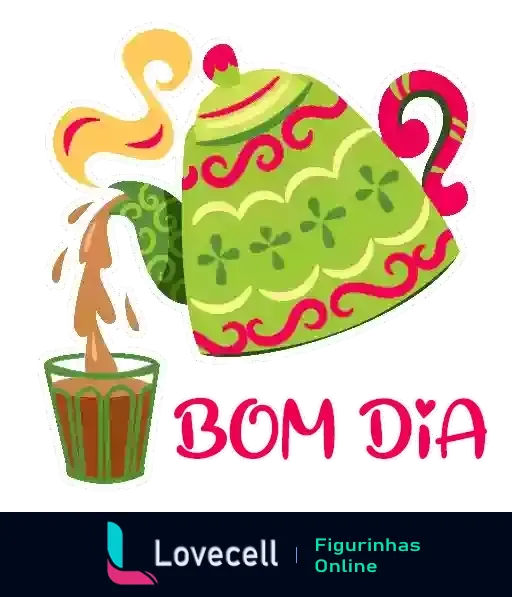 Figurinha de 'Bom Dia' com chaleira verde desenhando café em um copo de vidro, acompanhada da frase BOM DIA em letras coloridas