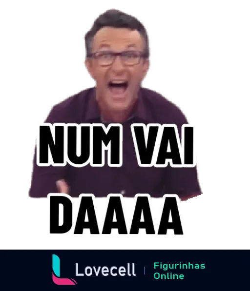 Craque Neto com expressão de surpresa e ceticismo, usando casaco vinho e óculos de aro preto, com o texto 'NUM VAI DAA' em destaque