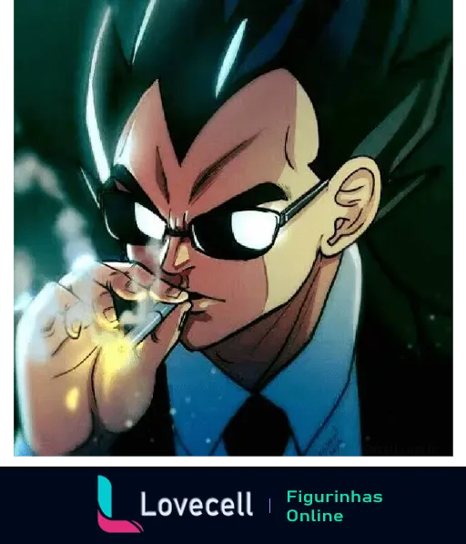 Personagem Vegeta usando óculos escuros e smoking, fumando com expressão séria e cabelo arrepiado, em uma pose de atitude.