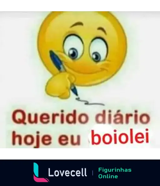 Emoji sorridente escrevendo em um diário, com o texto 'Querido diário, hoje eu boiolei' em destaque. Contexto divertido e informal.