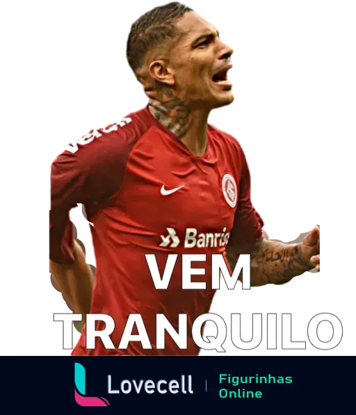 Figurinha de WhatsApp de jogador do Internacional comemorando, vestido com o uniforme vermelho, tatuagens visíveis, expressão emocionada e frase 'VEM TRANQUILO' em maiúsculas