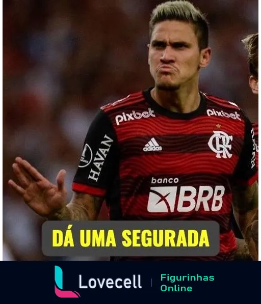 Figurinha com jogador do Flamengo vestindo uniforme, expressão séria e gesto de mão pedindo calma, com frase 'Dá uma segurada' no canto superior