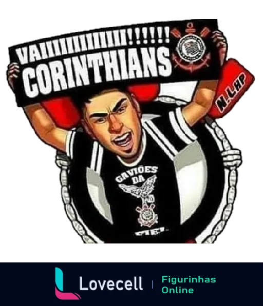 Torcedor do Corinthians animado, levantando faixa com 'Vai Corinthians' e símbolo do time, vestido com uniforme preto e branco