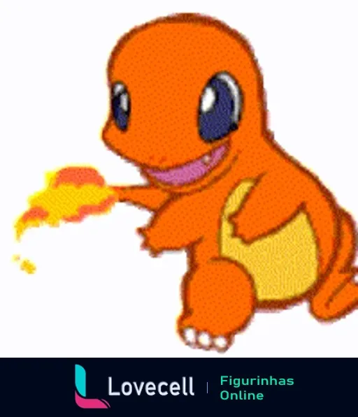 Figurinha de Charmander lançando chamas com expressão e postura intensas, Pokémon em ação com fogo animado vívido