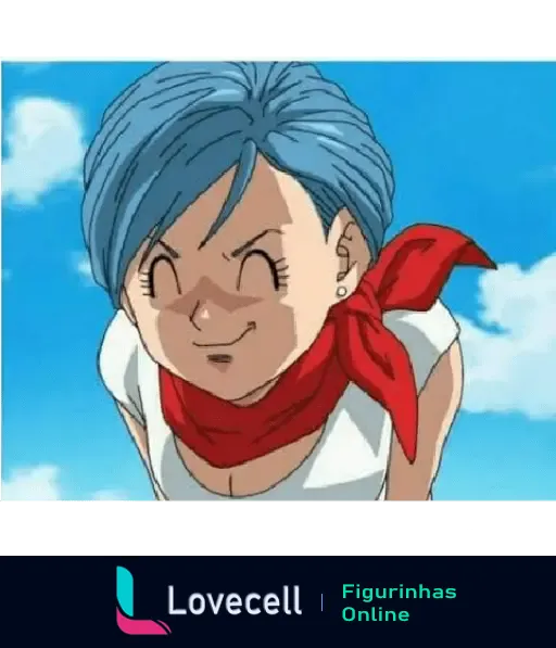 Personagem com cabelo azul e lenço vermelho sorrindo, cena do anime Dragon Ball Z.