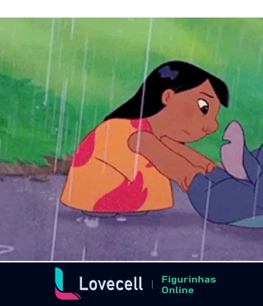 Personagem Lilo sentada ao lado de Stitch na chuva, mostrando um momento emotivo e reflexivo da animação Lilo e Stitch.