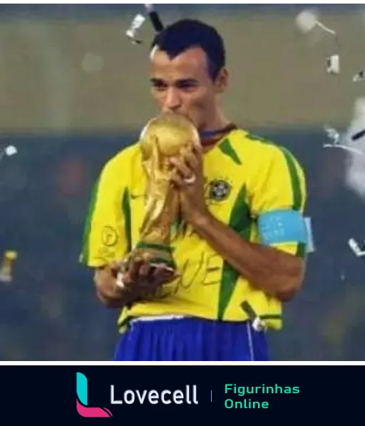 Jogador da Seleção Brasileira beijando a Taça do Mundo FIFA, vestido com o uniforme amarelo e azul, em celebração de vitória