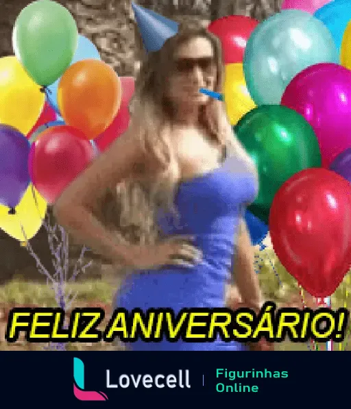 FELIZ ANIVERSÁRIO DA ANDRESSA: mulher de vestido azul, chapéu de festa e balões coloridos ao fundo.