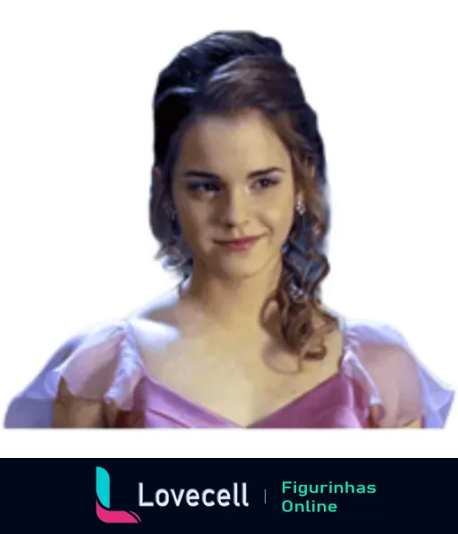 Hermione Granger com vestido rosa no Baile de Inverno dos Torneios Tribruxo, cabelo arrumado e expressão confiante