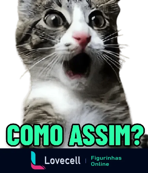 Figurinha de um gato com expressão surpresa, olhos arregalados e boca aberta, com o texto 'COMO ASSIM?' na parte inferior.