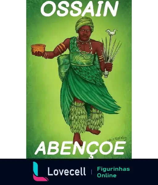 Imagem vibrante de Ossain, o orixá das folhas e ervas, com uma vestimenta verde e oferendas nas mãos, destacando a frase 'Ossain Abençoe'.