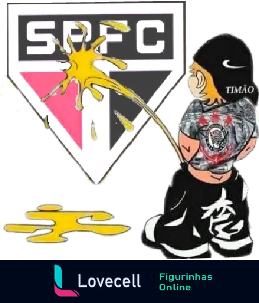 Figurinha de zoação futebolística mostrando um personagem com a camisa do Corinthians urinando no símbolo do São Paulo FC, representando a rivalidade entre torcidas.