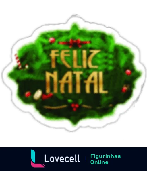 Figurinha de 'Feliz Natal' com texto dourado, paisagem verde e decorações natalinas como bolinhas vermelhas e galhos verdes