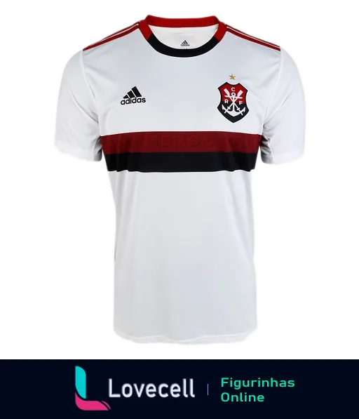 Figurinha de camisa do Flamengo Adidas com faixa preta e vermelha, emblema do clube à esquerda e logo da Adidas à direita