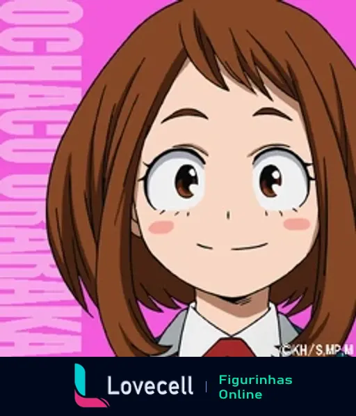 Figurinha da personagem Ochaco Uraraka do anime My Hero Academia, exibindo um sorriso amigável com um fundo rosa vibrante.