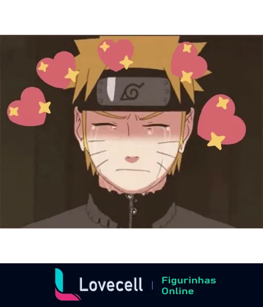 Naruto Uzumaki corado com testa franzida e bochechas rosas, cercado por corações rosas e estrelas amarelas, expressando envergonhamento ou amor de maneira fofa